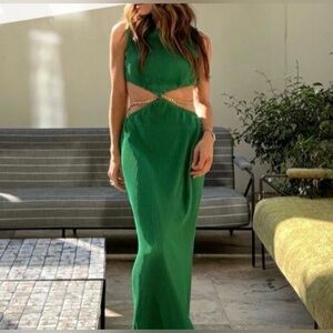 12th Tribe Vittoria Plisse Pleated Maxi Dress Emerald Gold Chain Size L Glam